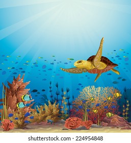 Big yellow turtle swimming over the coral reef in a blue ocean. Underwater vector.