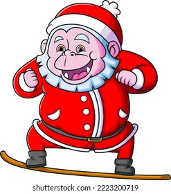 The big yeti dwarf is wearing the santa costume and playing the snow board of illustration