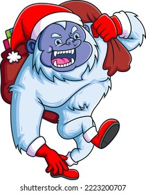 The big yeti is running so fast and holding the big sack of christmas present of illustration