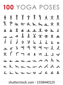 Big yoga poses asanas icons set. All asanas. 100 poses. Vector illustrations. For logo yoga branding. Yoga people infographics. Stick figures. Pilates stretch gymnastics fitness poses