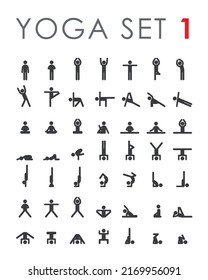 Big yoga poses asanas icons set. Vector illustrations. For logo yoga branding. Yoga people infographics. Stick figures. Pilates stretch gymnastics fitness poses