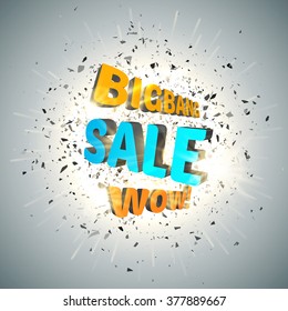 Bigbang Sale Poster with explosion cloud of black pieces. Wow! Vector illustration