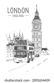 Bigben and bus in London. Vector architecture sketch illustration. Hand drawn sketch of London city, Buckingham Palace, UK. Isolated on white background. Travel sketch. Hand drawn travel postcard.