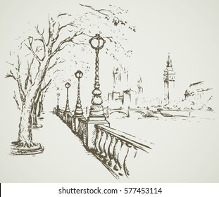 BigBen in Elizabeth Steeple at abbey Palace. Romantic view of alley streetlamp along bund riverside. Hand drawn outline picture sketchy in art vintage style ink pen on paper with space for text on sky