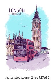 Bigben and red bus in London. Architecture sketch illustration. Hand drawn sketch of London city, Buckingham Palace, UK. Digital Drawing. Travel sketch. Hand drawn postcard. Landscape colorful. Vector