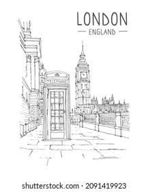 Bigben and telephone booth in London. Vector architecture sketch illustration. Hand drawn sketch of London city, UK. Isolated on white background. Travel sketch. Hand drawn travel postcard. 