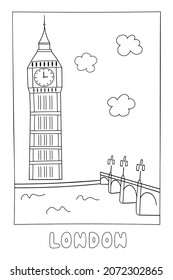 Bigben tower doodle vector illustration, london view. Great for postcard, souvenirs