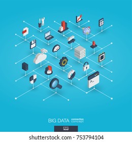 Bigdata integrated 3d web icons. Digital network isometric interact concept. Connected graphic design dot and line system. Abstract background for big data center, research, analysis. Vector Infograph