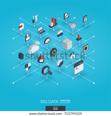 Bigdata integrated 3d web icons. Digital network isometric interact concept. Connected graphic design dot and line system. Abstract background for big data center, research, analysis. Vector Infograph