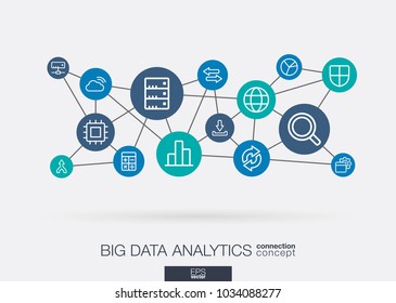 Bigdata integrated thin line web icons. Digital neural network interact concept. Connected graphic design polygons and circles system. Abstract background for big data center, research, analysis