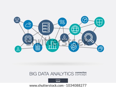 Bigdata integrated thin line web icons. Digital neural network interact concept. Connected graphic design polygons and circles system. Abstract background for big data center, research, analysis