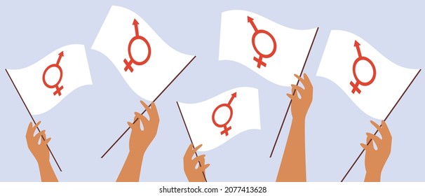 Bigender flag, hands of people isolated. Flat vector stock illustration. Non-binary people together. Hands with gineder symbol. Isolated illustration