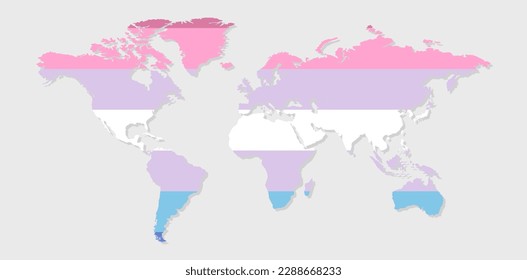 Bandera del orgullo bisexual en forma de mapa mundial. Bandera de gay, transgénero, bisexual, lesbiana, etc. Concepto de orgullo