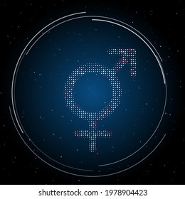 Das Bigensymbol mit weißen Punkten. Pointillismus-Stil. Einige Punkte sind rot. Vektorgrafik auf blauem Hintergrund mit Sternen