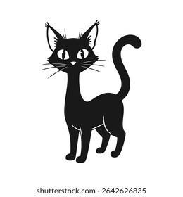 Big-eyed black cat standing upright, curious look – Vector Illustration