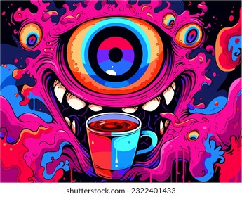 Big-eyed coffee monster holding a boiling cup of coffee