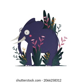 Big-eyed Elephant with Tusk and Trunk Standing Among Green Flora Vector Illustration. Wild African Animal in Bright Foliage Concept