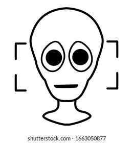 Big-eyed humanoid in a frame. An alien caught in the technology of revealing faces. Linear alien for logo and icon on the theme of science and technology. Stock vector image of a humanoid.