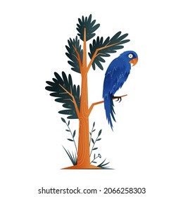 Big-eyed Parrot Sitting on Tree Branch Vector Illustration. Bright Tropical Perching Bird with Blue Feathers and Beak Concept