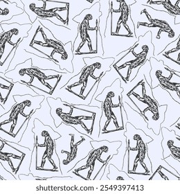 Bigffot or Caveman with Spear. Sketch Drawn Prehistoric Seamless Pattern. Human Evolution Background. Vector 