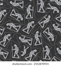 Bigffot or Caveman with Spear. Sketch Drawn Prehistoric Seamless Pattern. Human Evolution Background. Vector 