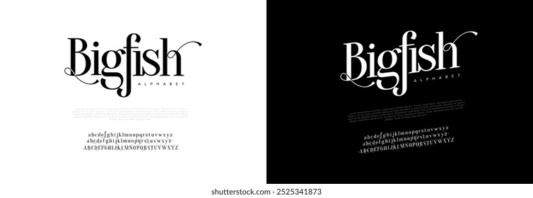 Bigfish typography beauty fashion elegant minimalist serif italic fonts decorative wedding vintage retro logos. Minimal luxury font alphabet logo. Vector illustration