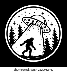 Bigfoot alien abduction sticker design. Sasquatch UFO doodle drawing. Flying saucer cryptid t-shirt design. Otherworldly space ape vector illustration. svg