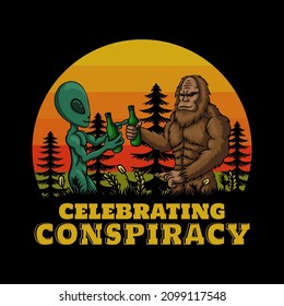 Bigfoot and alien celebrating drink retro vector illustration for your company or brand