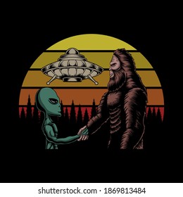 Bigfoot and alien conspiracy sunset retro vector illustration for your company or brand