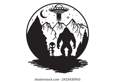 Bigfoot and alien, Bigfoot, Alien, Yeti, UFO, Silhouette, Under the Moon, Wild Monster, Mountain, Sasquatch, Funny Camping, Friendship pact, Stencil, Cut File