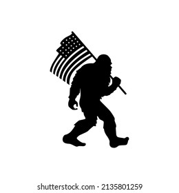 Bigfoot with american flag. Yeti silhouette. T shirt design. Vector illustration.