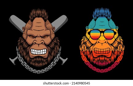 Bigfoot angry mohawk hair with stick baseball vector illustration for your company or brand