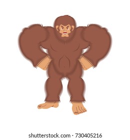 Bigfoot angry. Yeti evil. Abominable snowman aggressive. Vector illustration