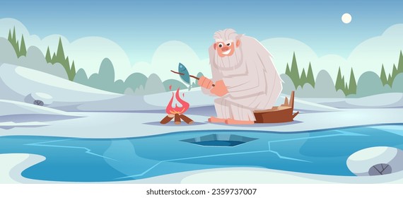 Bigfoot background. Cartoon fantasy landscape outdoor creature animal bigfoot exact vector character