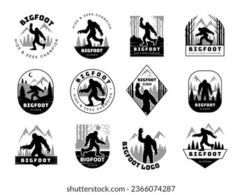 Bigfoot. Badges set for travellers recent vector bigfoot characters in label