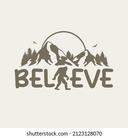 Bigfoot Believe Illustration Clip Art Design Shape. Mountain Scene Silhouette Icon Vector.