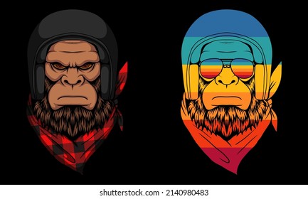 Bigfoot biker wearing a helmet and bandana lumberjack vector illustration for your company or brand