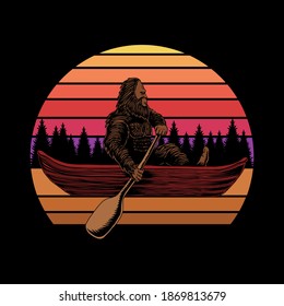 Bigfoot canoe sunset retro vector illustration for your company or brand