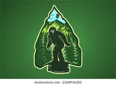 Bigfoot captured on forest. Retro and vintage vector illustration for your design