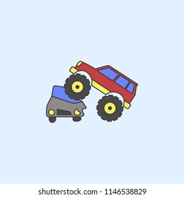 bigfoot car crushes cars field outline icon. Element of monster trucks show icon for mobile concept and web apps. Field outline bigfoot car crushes cars icon can be used for web on blue background