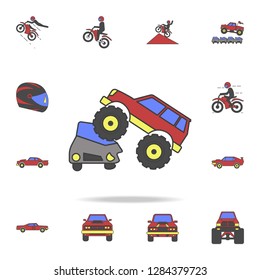 bigfoot car crushes cars field coloricon. Detailed set of color big foot car icons. Premium graphic design. One of the collection icons for websites, web design, mobile app