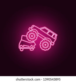 Bigfoot car crushes cars neon icon. Elements of bigfoot car set. Simple icon for websites, web design, mobile app, info graphics