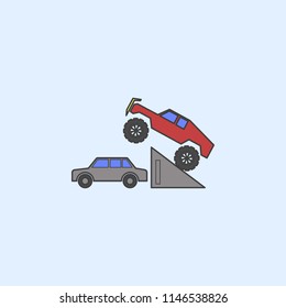 bigfoot car in jump field outline icon. Element of monster trucks show icon for mobile concept and web apps. Field outline bigfoot car in jump icon can be used for web and mobile on blue background