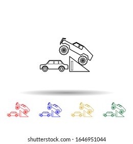 Bigfoot car in a jump multi color style icon. Simple thin line, outline vector of bigfoot car icons for ui and ux, website or mobile application