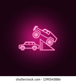 Bigfoot car in a jump neon icon. Elements of bigfoot car set. Simple icon for websites, web design, mobile app, info graphics