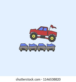 bigfoot car jumping through cars field outline icon. Element of monster trucks show icon for mobile concept and web apps. Field outline bigfoot car jumping through cars icon on blue background