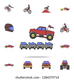 bigfoot car jumping through cars field coloricon. Detailed set of color big foot car icons. Premium graphic design. One of the collection icons for websites, web design, mobile app