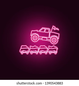 Bigfoot car jumping through cars neon icon. Elements of bigfoot car set. Simple icon for websites, web design, mobile app, info graphics