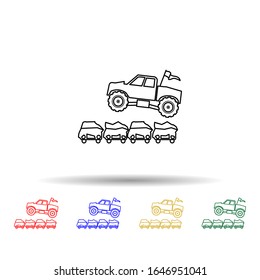 Bigfoot car jumping through cars multi color style icon. Simple thin line, outline vector of bigfoot car icons for ui and ux, website or mobile application