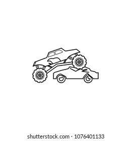 bigfoot car rides through cars illustration. Element of extreme races for mobile concept and web apps. Thin line bigfoot car rides through cars illustration can be used for web on white background